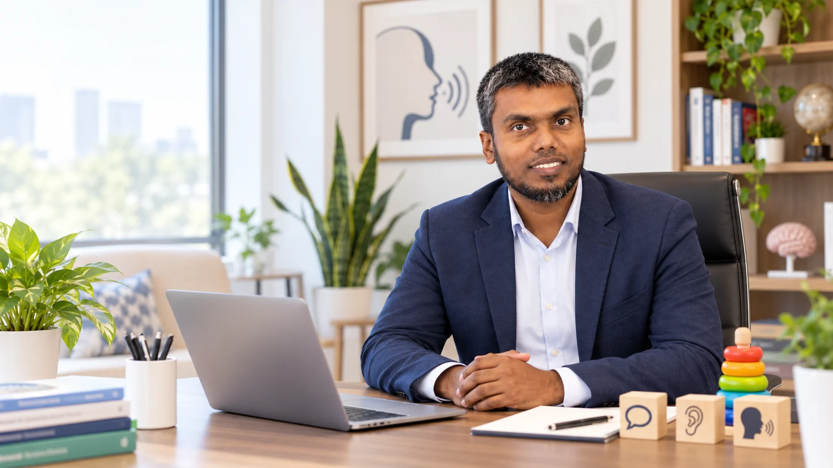 Md Sharif Al Mamun seated in a bright speech-language therapy office